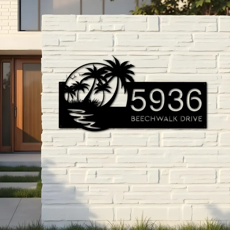 Custom Metal Beach Scene Summer Palm Tree Metal Address Sign, House number, Outdoor Number Signage, Yard Sign Address Plate