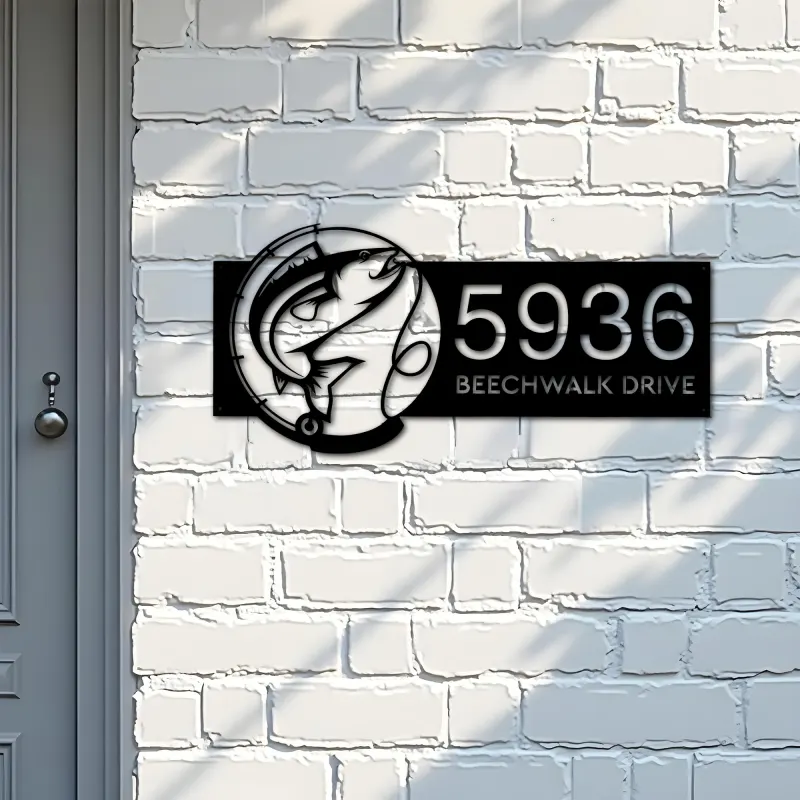 Custom Metal Fish Fishing rod Metal Address Sign Custom House number Hanging Address Plaque Yard Sign Outdoor