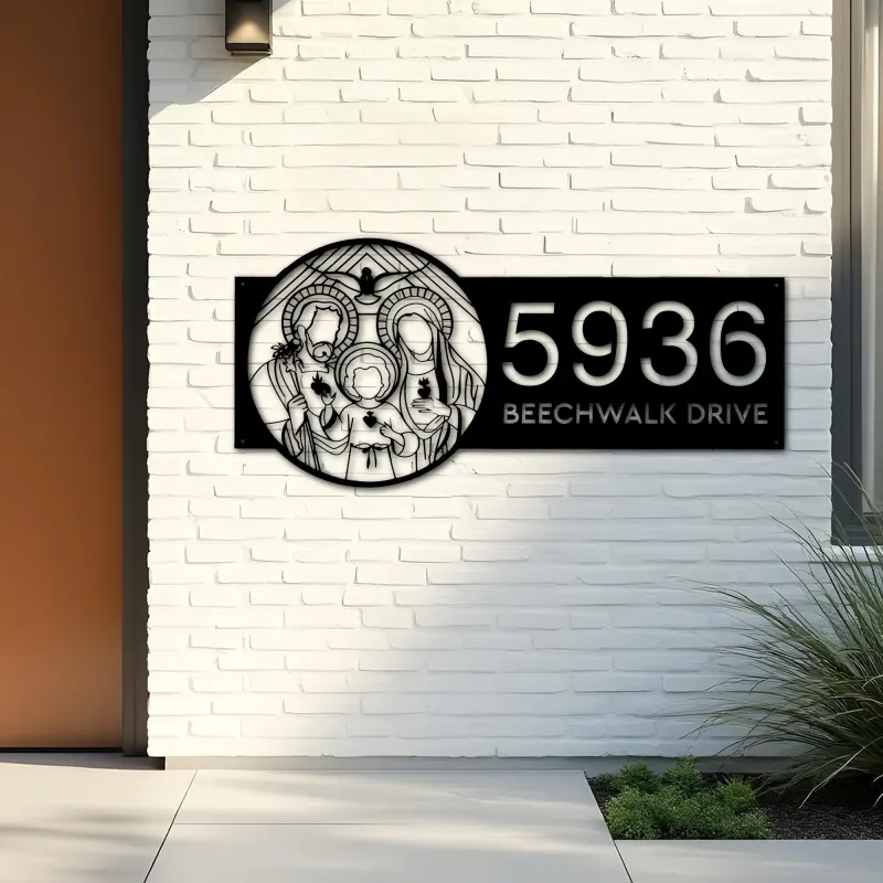 Custom Metal Holy Family Chritian Jesus Christ Metal Address Sign, House number, Outdoor Number Signage, Yard Sign Address Plate