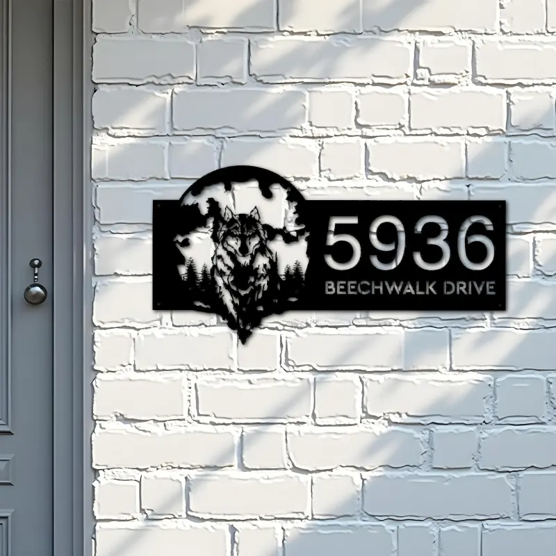 Custom Metal Wolf on full moon Metal Address Sign, House number, Outdoor Number Signage, Yard Sign Address Plate