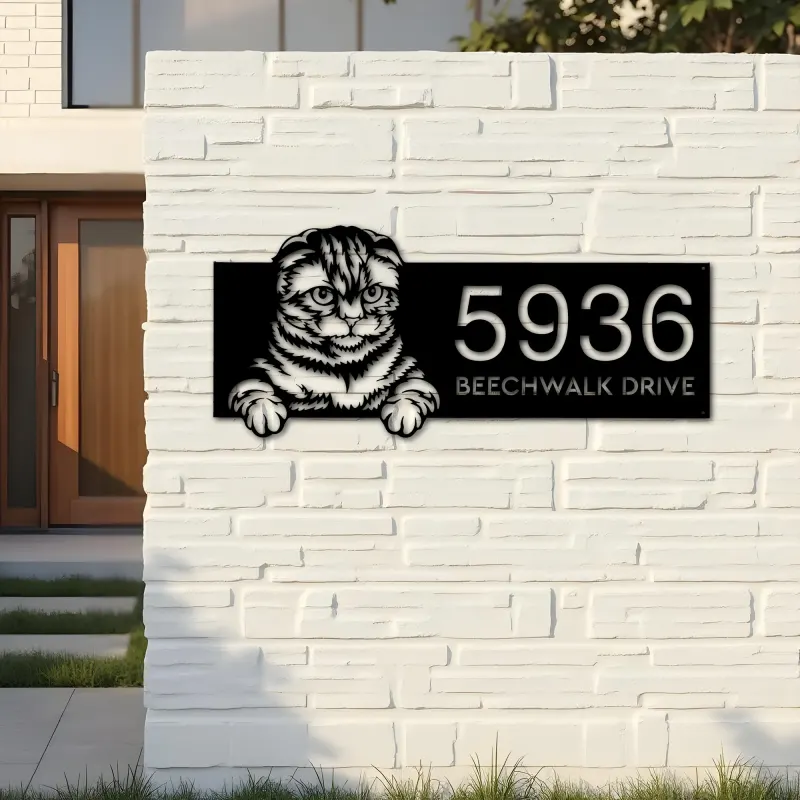 Custom Metal Scottish fold Cute peeking cat Metal Address Sign, House number, Outdoor Number Signage, Yard Sign Address Plate