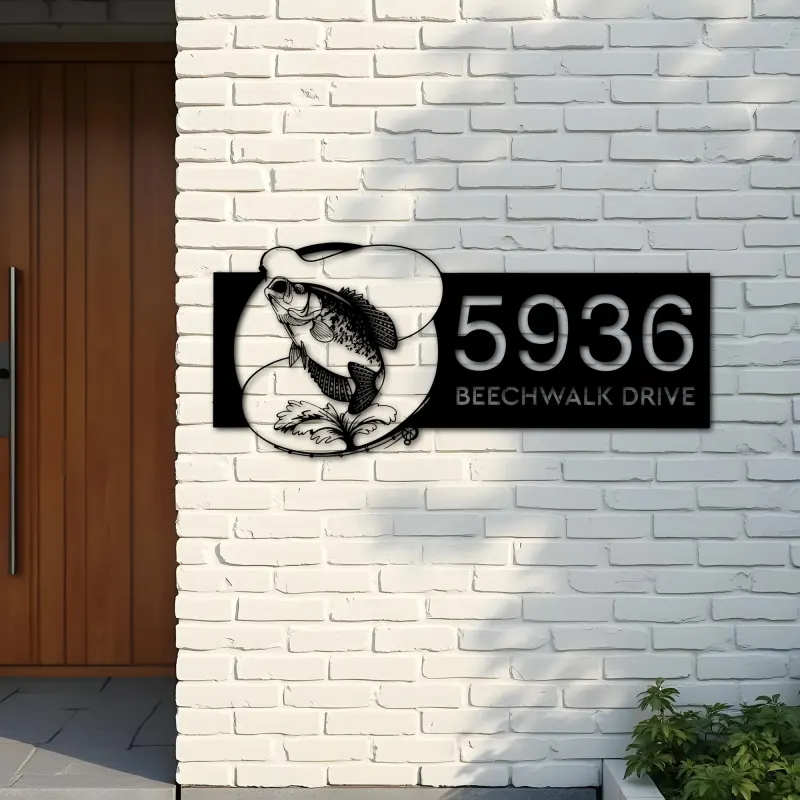 Custom Metal Crappie fishing rod bait hook Metal Address Sign, House number, Outdoor Number Signage, Yard Sign Address Plate