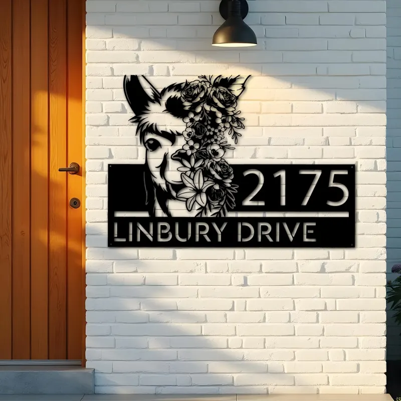 Custom Metal Floral Llama animal Metal Address Sign, House number, Outdoor Number Signage, Yard Sign Address Plate