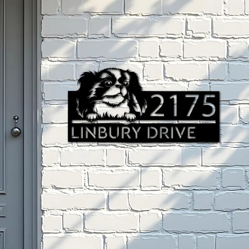 Custom Metal Japanese Chin dog Puppy Metal Address Sign House number Hanging Address Plaque Yard Sign Outdoor decor