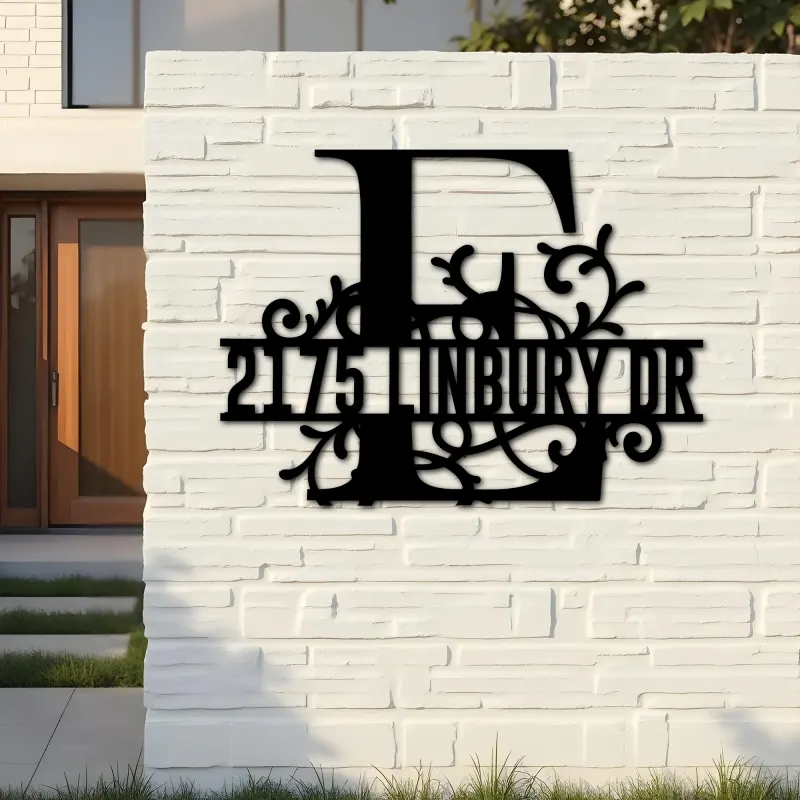 Custom Metal Floral Monogram Split Letter E Metal Address Sign House number Hanging Address Plaque Yard Sign Outdoor decor