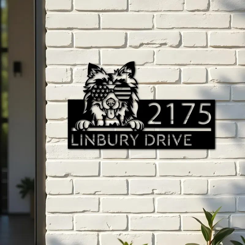 Custom Metal Shetland Sheepdog US flag glasses Metal Address Sign House number Hanging Address Plaque Yard Sign Outdoor decor