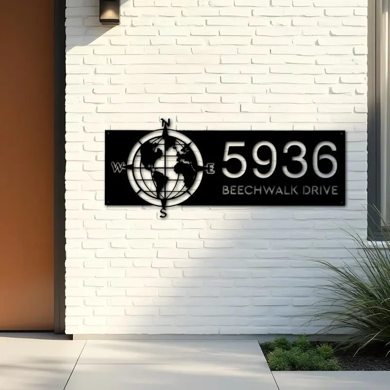 Custom Metal Compass globe world map Metal Address Sign, House number, Outdoor Number Signage, Yard Sign Address Plate