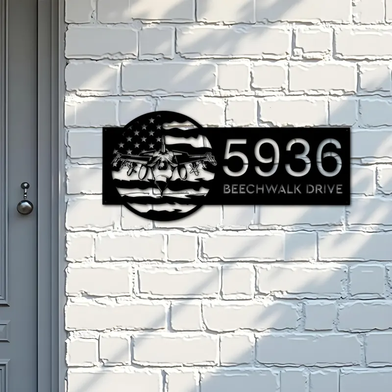 Custom Metal F 16 fighter airplane US flag Metal Address Sign House number Hanging Address Plaque Yard Sign Outdoor