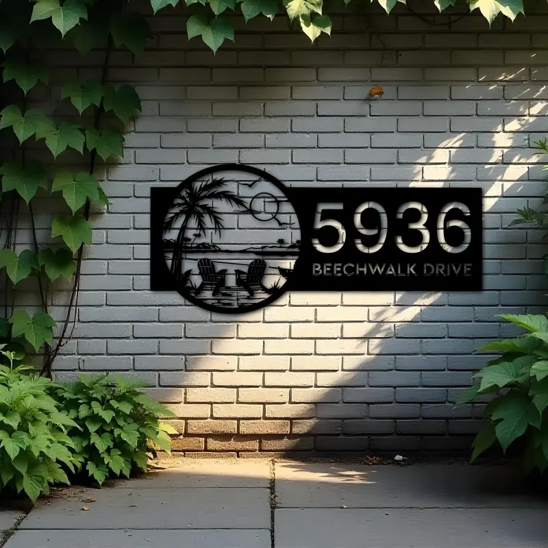 Custom Metal Palm Tree with Chairs on Beach Metal Address Sign, House number, Outdoor Number Signage, Yard Sign Address Plate