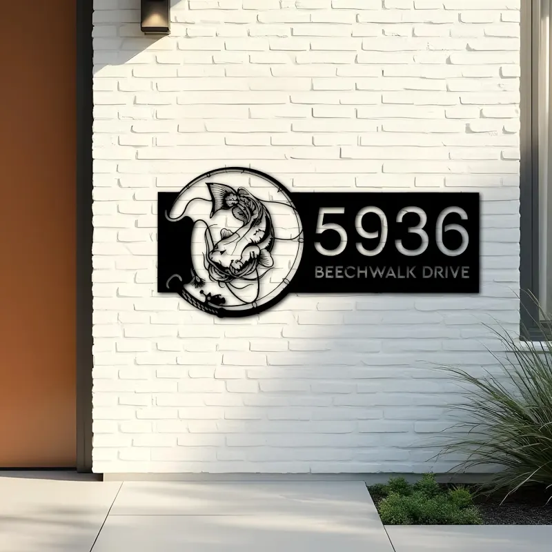 Custom Metal Catfish fishing rod bait Metal Address Sign, House number, Outdoor Number Signage, Yard Sign Address Plate