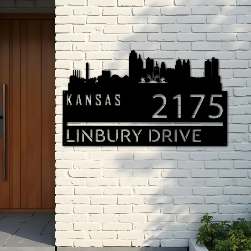 Custom Metal Kansas city skyline Metal Address Sign Hanging Address Plaque house number Yard Outdoor Sign