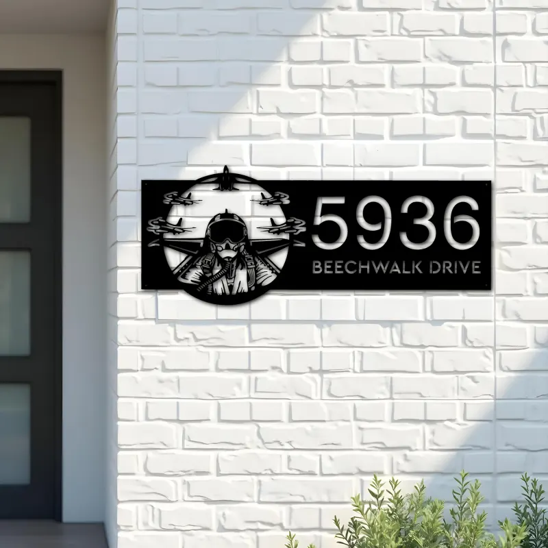 Custom Metal Jet pilot airplane fighter Metal Address Sign House number Hanging Address Plaque Yard Sign Outdoor