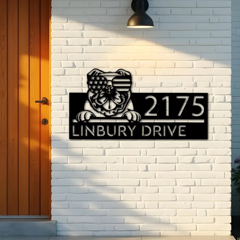Custom Metal English Bulldog dog US flag glasses Metal Address Sign House number Hanging Address Plaque Yard Sign Outdoor decor