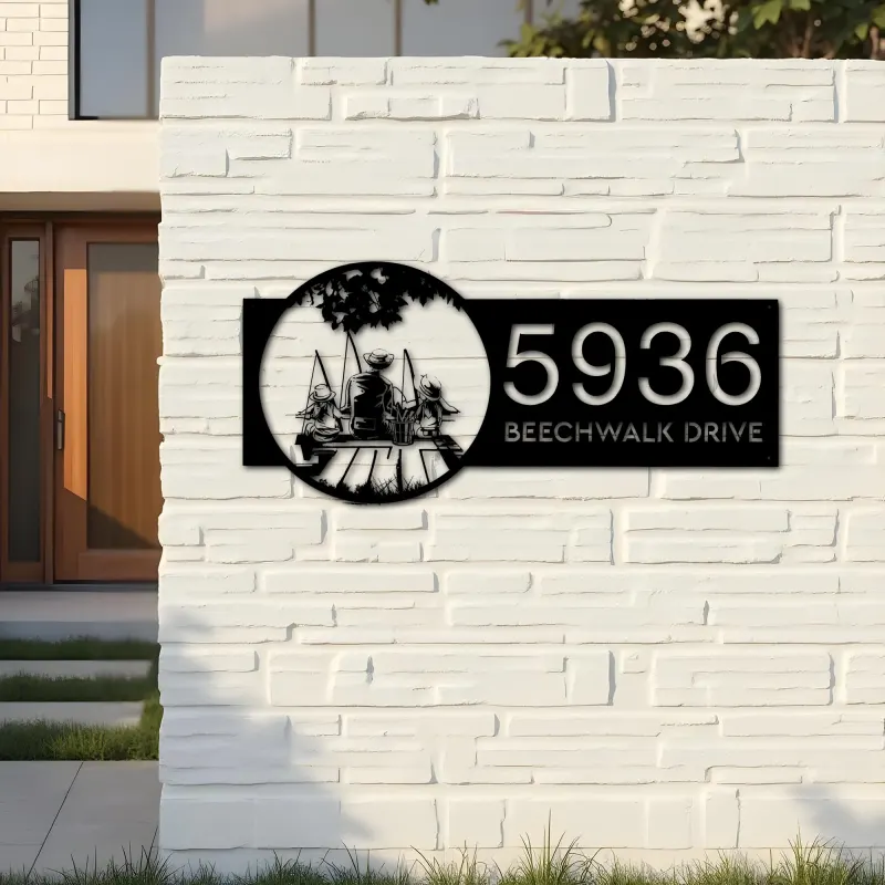 Custom Metal Dad and daughters go fishing Metal Address Sign Custom House number Hanging Address Plaque Yard Sign Outdoor