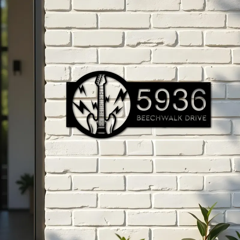 Custom Metal Electric guitar Metal Address Sign Custom House number Hanging Address Plaque Yard Sign Outdoor