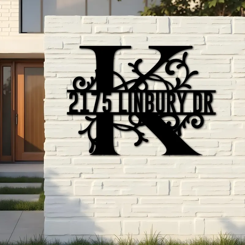 Custom Metal Floral Monogram Split Letter K Metal Address Sign House number Hanging Address Plaque Yard Sign Outdoor decor