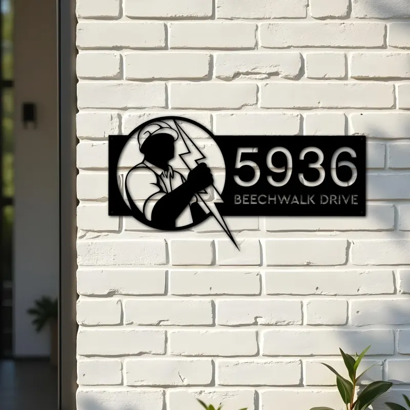 Custom Metal Electrician lineman Metal Address Sign, House number, Outdoor Number Signage, Yard Sign Address Plate