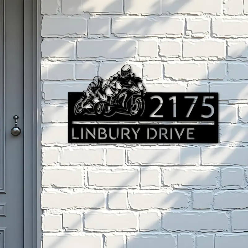 Custom Metal Father and son biker Metal Address Sign, House number, Outdoor Number Signage, Yard Sign Address Plate