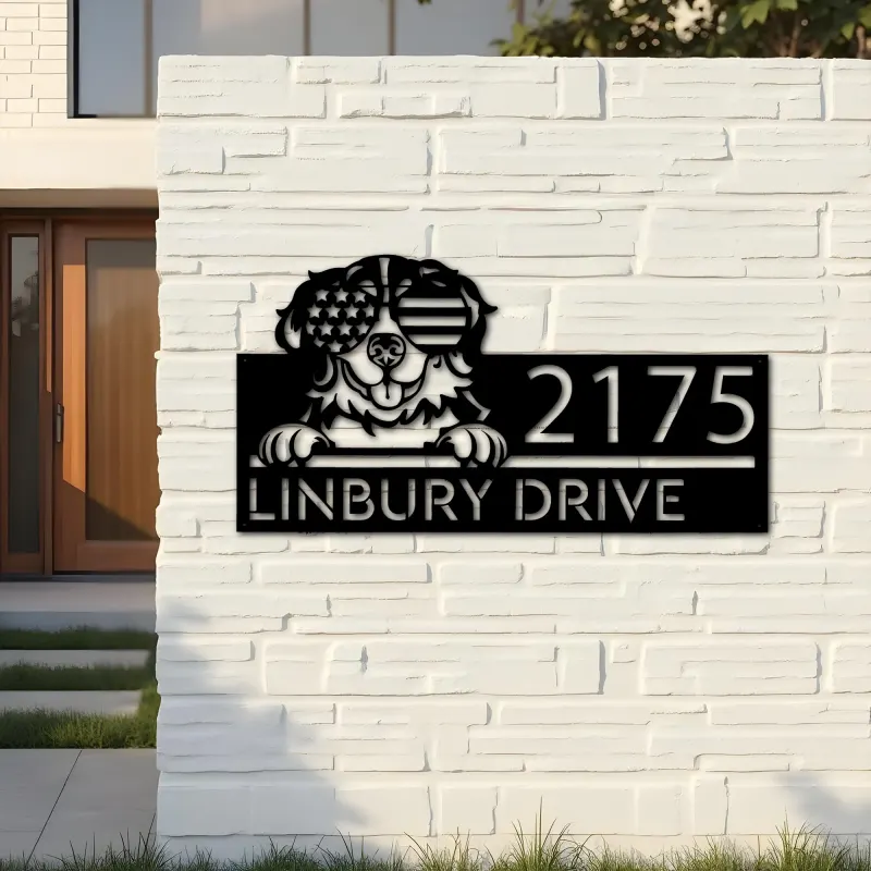 Custom Metal Bernese mountain dog US glasses Metal Address Sign House number Hanging Address Plaque Yard Sign Outdoor decor