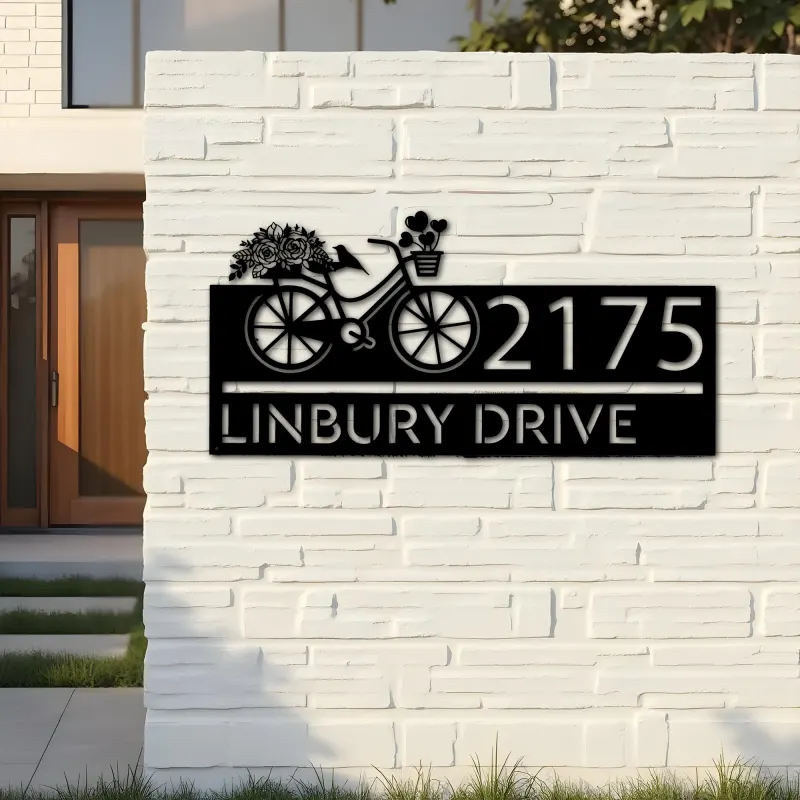 Custom Metal Bicycle with flower and hearts Metal Address Sign, House number, Outdoor Number Signage, Yard Sign Address Plate