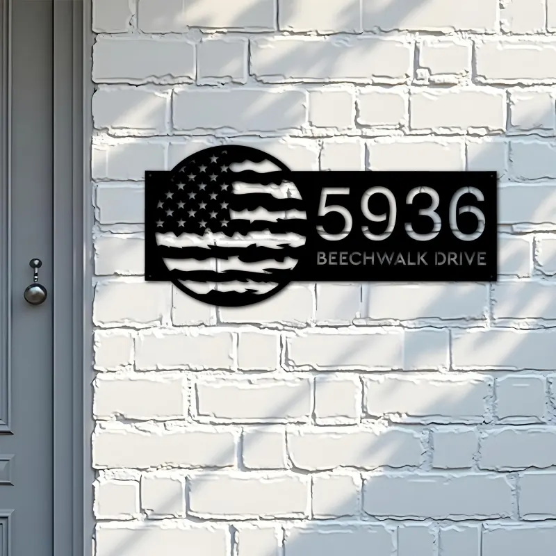 Custom Metal Distressed USA Flag Patriotic Metal Address Sign, House number, Outdoor Number Signage, Yard Sign Address Plate
