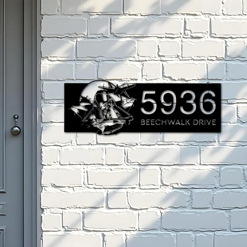 Custom Metal Fighter Pilot Aircraft Carrier Metal Address Sign House number Hanging Address Plaque Yard Sign Outdoor
