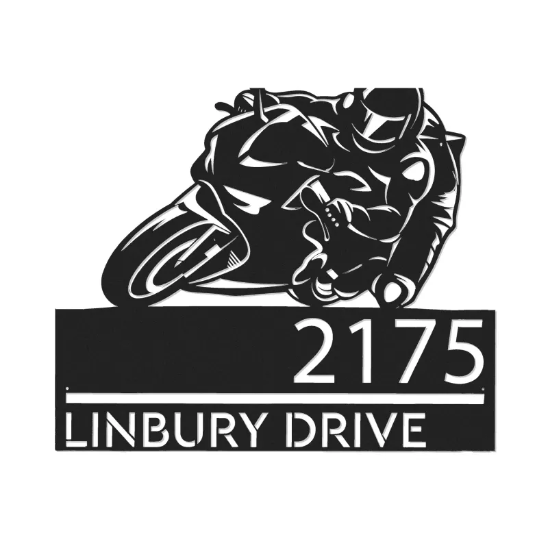 Custom Metal Motobike rider biker Metal Address Sign, House number, Outdoor Number Signage, Yard Sign Address Plate