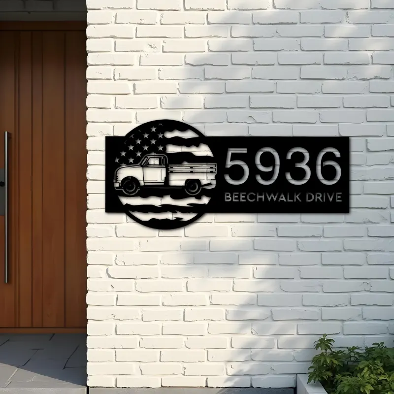 Custom Metal Farm Trailer US flag Metal Address Sign Custom House number Hanging Address Plaque Yard Sign Outdoor