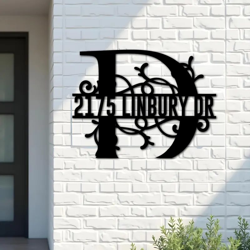 Custom Metal Floral Monogram Split Letter D Metal Address Sign House number Hanging Address Plaque Yard Sign Outdoor decor