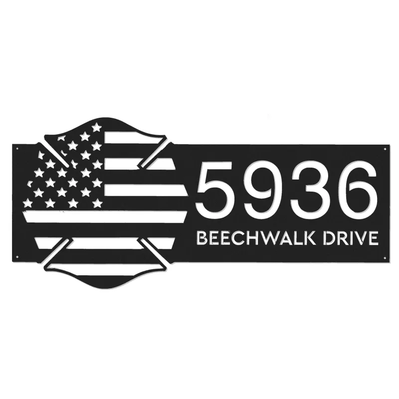 Custom Metal Fire department fireman US flag Metal Address Sign, House number, Outdoor Number Signage, Yard Sign Address Plate