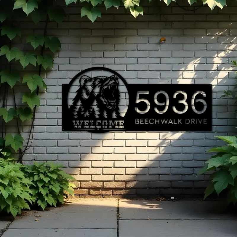Custom Metal Bear forest scene wild life animal welcome Metal Address Sign, House number, Outdoor Number Signage, Yard Sign Address Plate