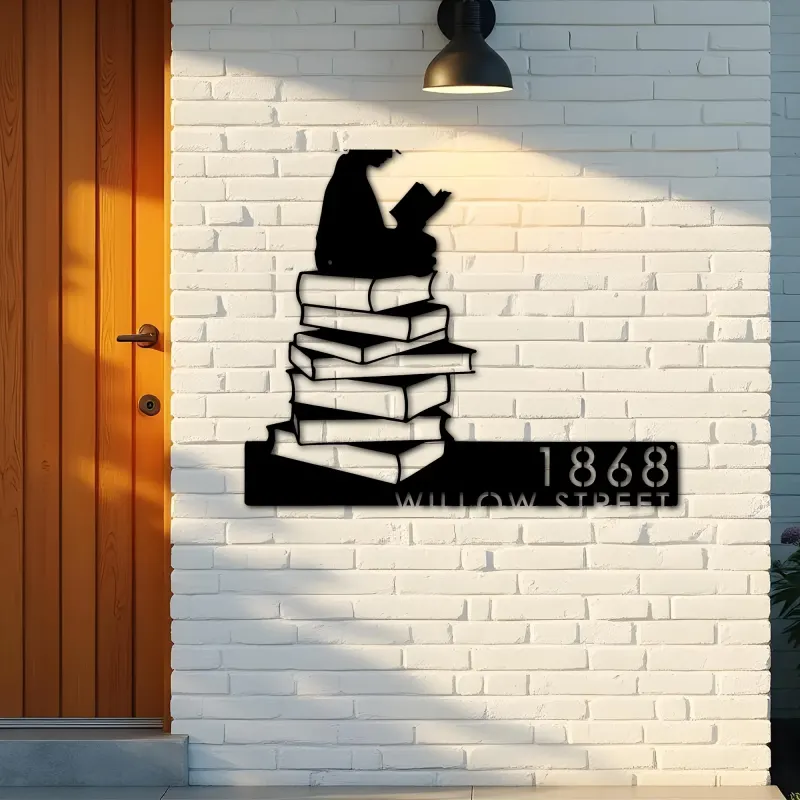 Custom Metal Girl Reading Book Book Lover Metal Address Sign, House number, Outdoor Number Signage, Yard Sign Address Plate