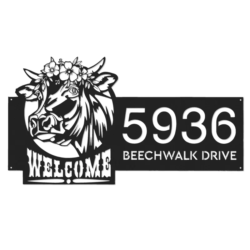 Custom Metal Cow Farm house Ranch welcome Metal Address Sign, House number, Outdoor Number Signage, Yard Sign Address Plate