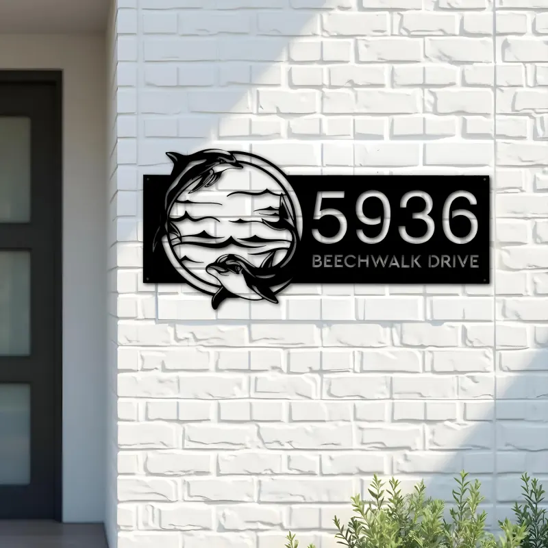 Custom Metal Dolphins sea life animals Metal Address Sign, House number, Outdoor Number Signage, Yard Sign Address Plate