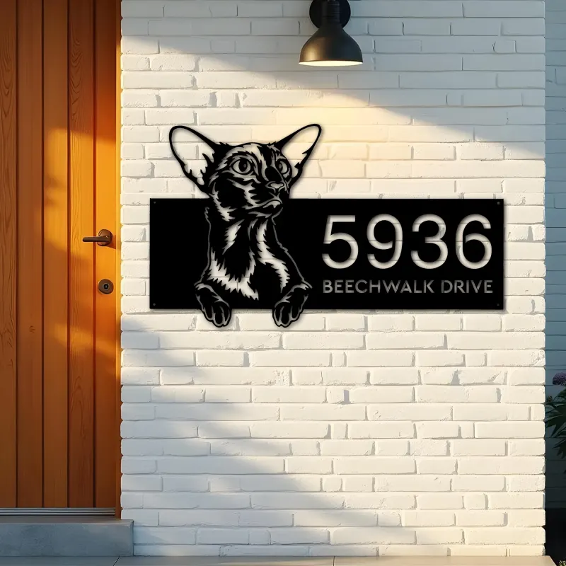 Custom Metal Oriental Shorthair Cute peeking cat Metal Address Sign, House number, Outdoor Number Signage, Yard Sign Address Plate