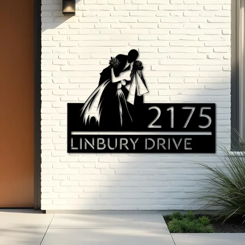 Custom Metal Kissing bride and groom Metal Address Sign, House number, Outdoor Number Signage, Yard Sign Address Plate