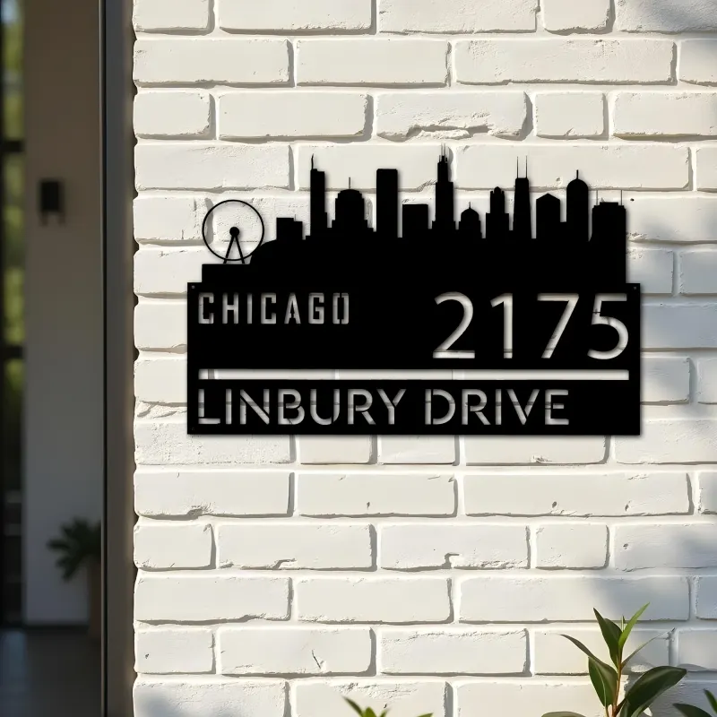 Custom Metal Chicago city skyline Metal Address Sign Hanging Address Plaque house number Yard Outdoor Sign