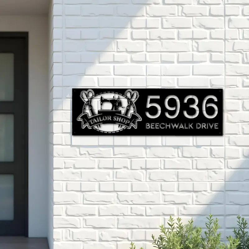 Custom Metal Tailor shop sewing machine Metal Address Sign, House number, Outdoor Number Signage, Yard Sign Address Plate