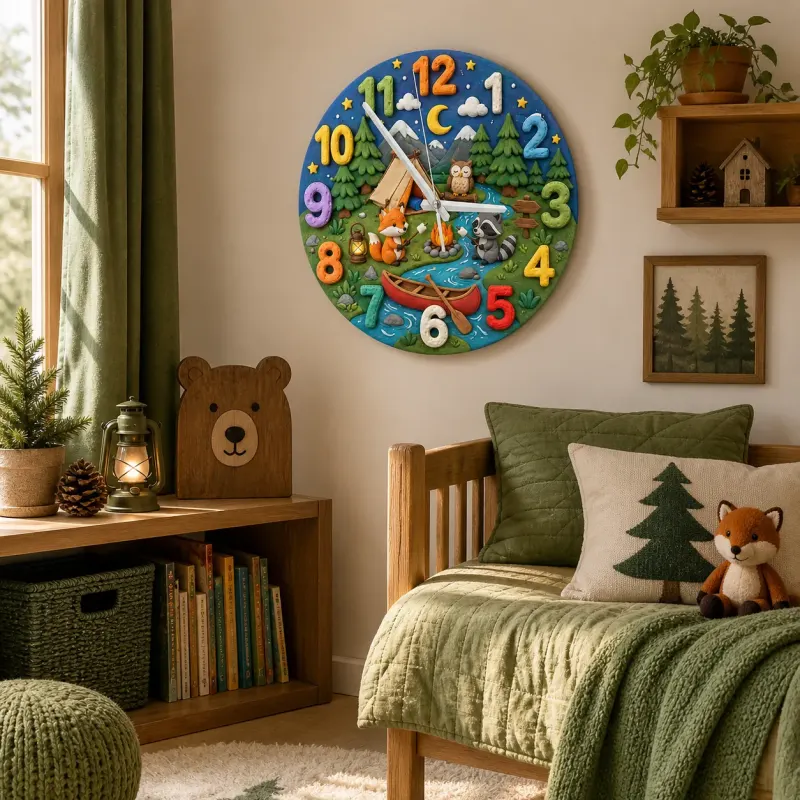 Wald-Camping Abenteuer Wanduhr für Kinderzimmer | Waldtier Dekoration, Geschenk zur Babyparty oder Geburtstag für Jungen (34,5 cm)