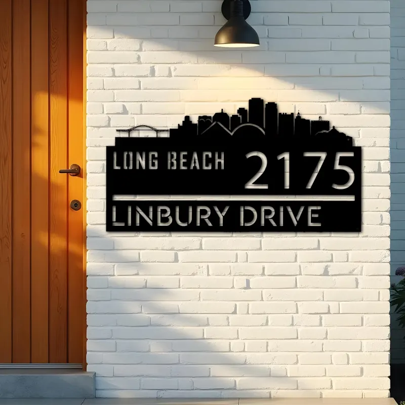 Custom Metal Long Beach city skyline Metal Address Sign Hanging Address Plaque house number Yard Outdoor Sign