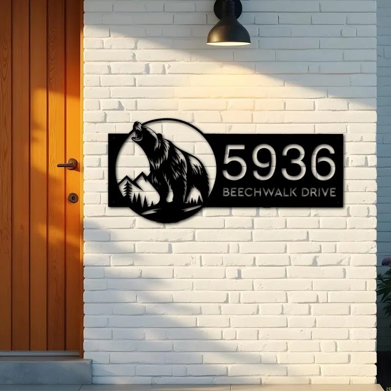 Custom Metal Grizzly bear Metal Address Sign, House number, Outdoor Number Signage, Yard Sign Address Plate002