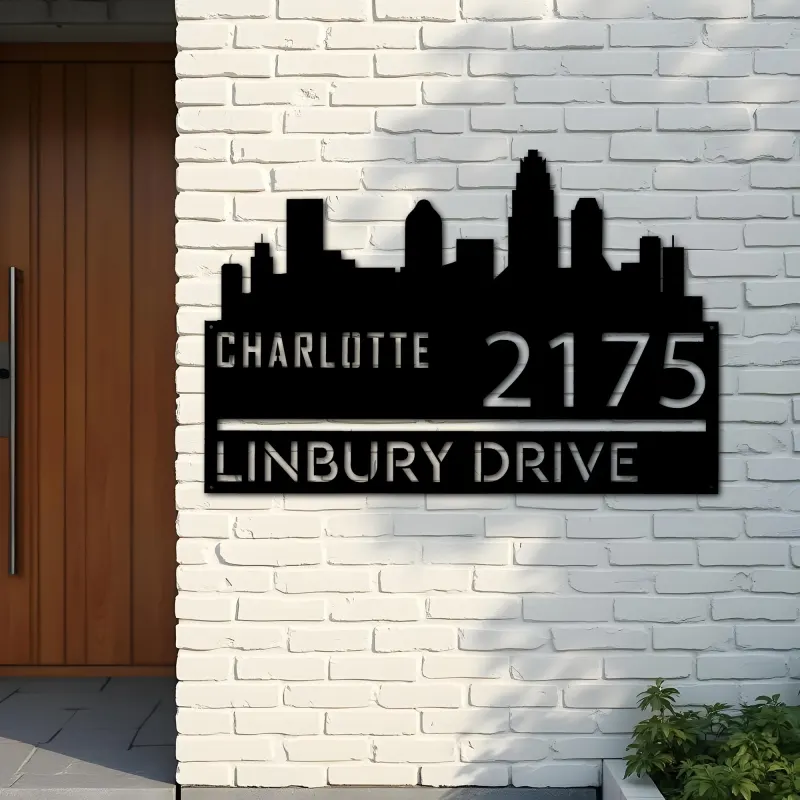 Custom Metal Charlotte city skyline Metal Address Sign Hanging Address Plaque house number Yard Outdoor Sign