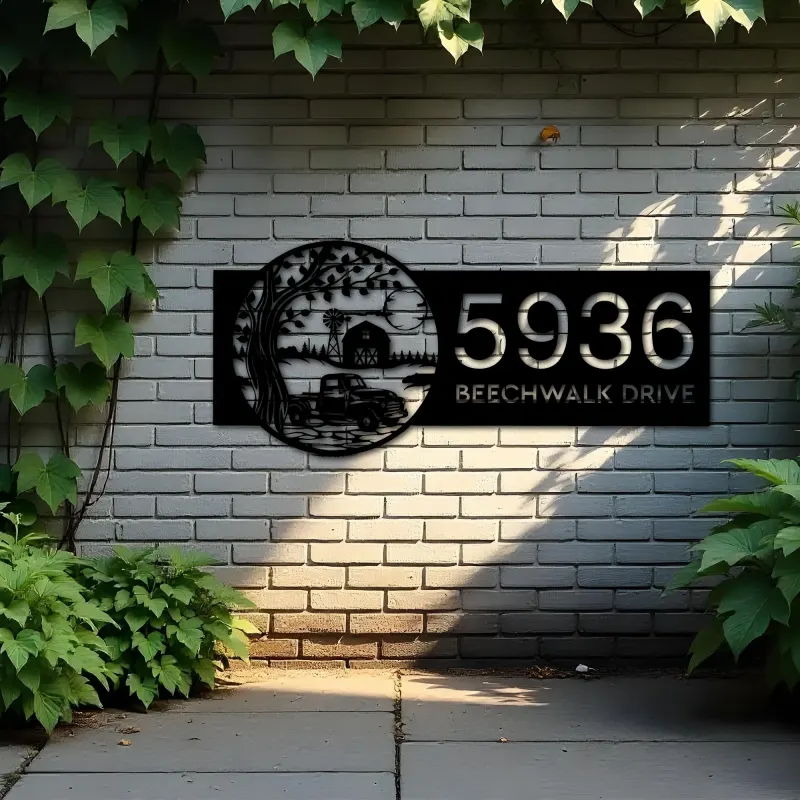 Custom Metal Old Pickup Truck with Farm Metal Address Sign, House number, Outdoor Number Signage, Yard Sign Address Plate
