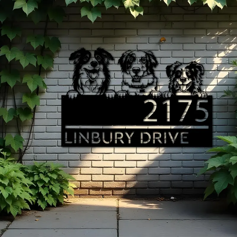 Custom Metal Australian shepherd dogs puppy Metal Address Sign House number Hanging Address Plaque Yard Sign Outdoor decor