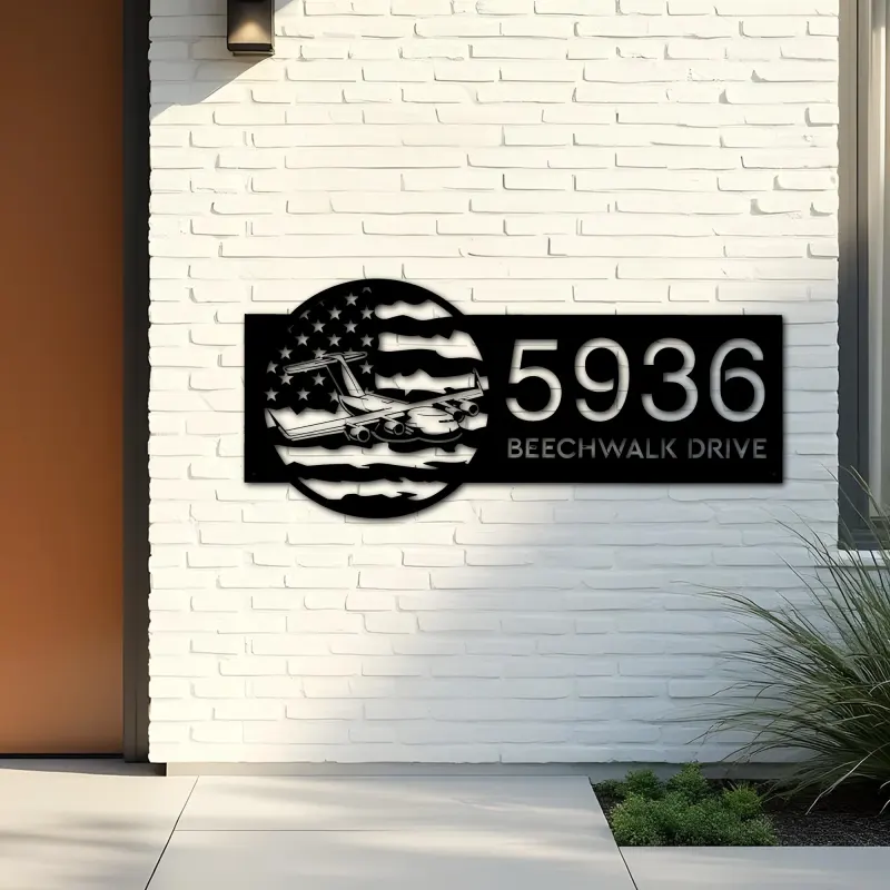 Custom Metal Cargo Plane transport airplane US flag Metal Address Sign House number Hanging Address Plaque Yard Sign Outdoor