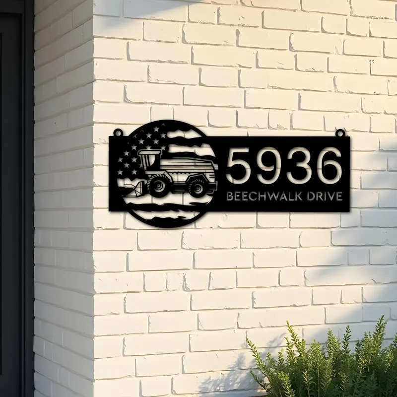 Custom Metal Farm harvester US flag Metal Address Sign Custom House number Hanging Address Plaque Yard Sign Outdoor