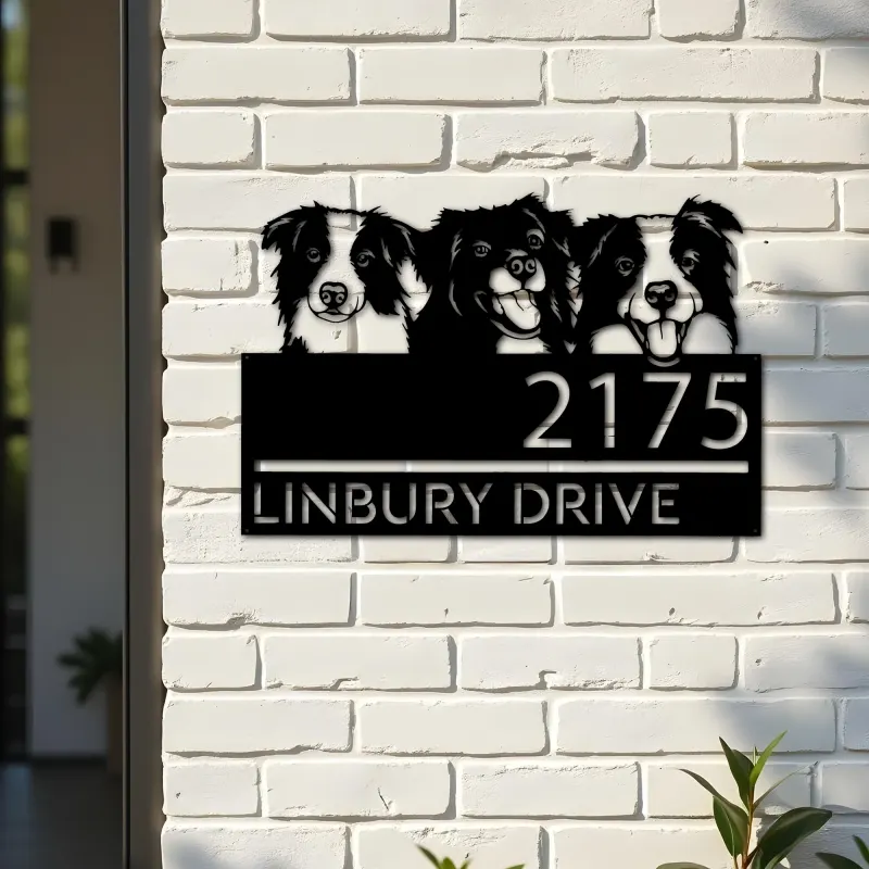 Custom Metal Peeking dogs border collie Metal Address Sign, House number, Outdoor Number Signage, Yard Sign Address Plate