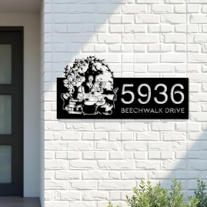 Custom Metal Witch and black cat halloween Metal Address Sign, House number, Outdoor Number Signage, Yard Sign Address Plate