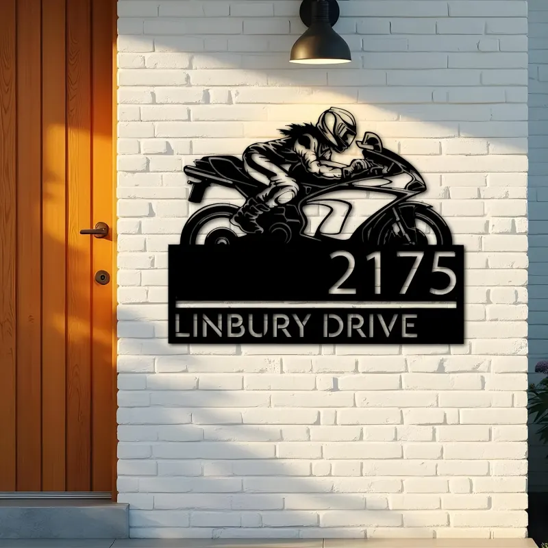 Custom Metal Female biker Metal Address Sign, House number, Outdoor Number Signage, Yard Sign Address Plate