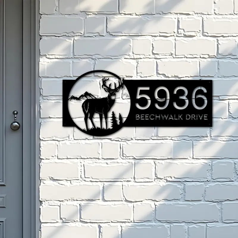 Custom Metal Deer buck mountain scene Metal Address Sign, House number, Outdoor Number Signage, Yard Sign Address Plate